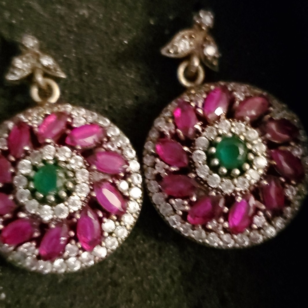 925 Sterling Silver Ruby With Emerald Earrings - image 2